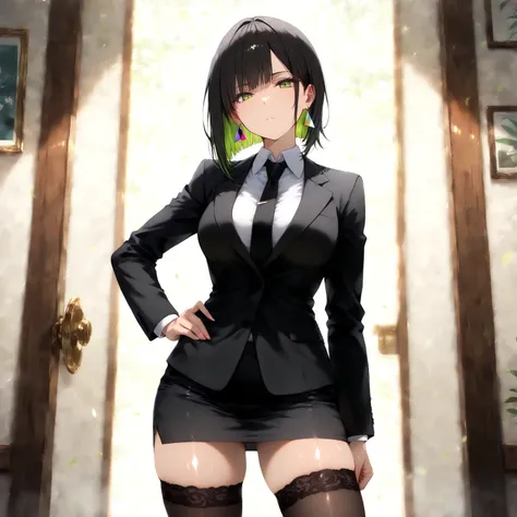 masterpiece, (((( best quality )))),1 girl, Japanese Anime ,shiny skin, wearing a black suit,skirt suit, black tie , dark hair, short bob hair,The inner color of the hair is green, green eyes,isosceles triangle earrings, black stockings,medium breasts