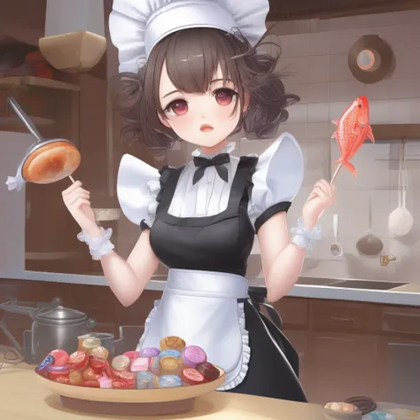 (masterpiece,best quality),
1girl, ellen_joe, solo, food, candy, tongue_out, tongue, short_sleeves, holding_lollipop, holding, maid_headdress, pantyhose, fish_tail, breasts, maid, looking_at_viewer, tail, puffy_sleeves, holding_food, apron, puffy_short_sle...