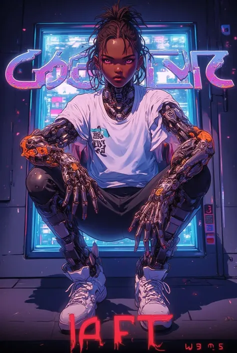 cyberpunk, cyborg, a young African Boy cyborg, Cute small round shaped face, wild short dread locs, glowing red eyes, light brown skin color, full body, tall body slim body figure. Ectormorph body type, long slender arms fully mechanical, long tall legs,bl...