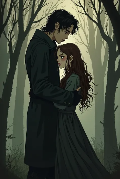 Couple Abigail Larson style, dark fantasy aesthetic, gothiccore, man is very tall and slim dark haired and hazel eyed, woman short chubby and with cute face, big cheeks and brown long hair and eyes, height difference is shown good, they are in the woods , ...