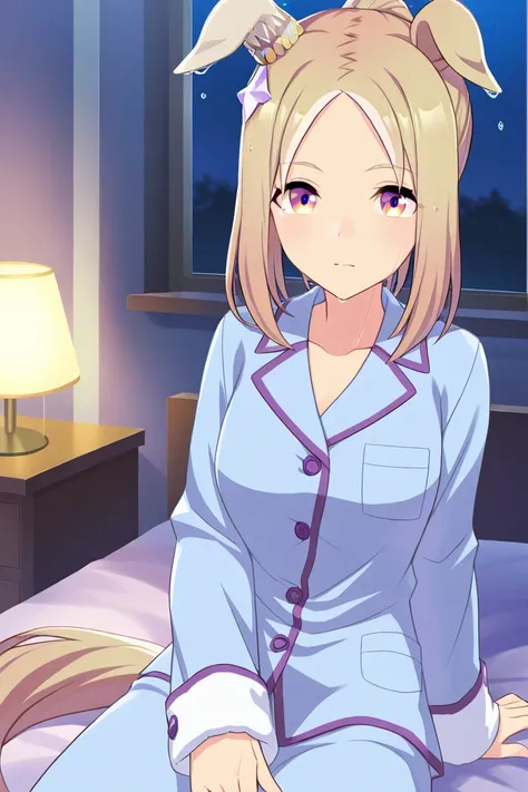 Narita Top Road (umamusume), 1 girl, ponytail, solo, blonde ponytail, wet hair, looking at viewer, jewelry, very embarrassed, ears down, combing hair with comb, in pajamas, sitting on bed, night, nightstand light on, Umamusume, horse ears, horse girl, anim...