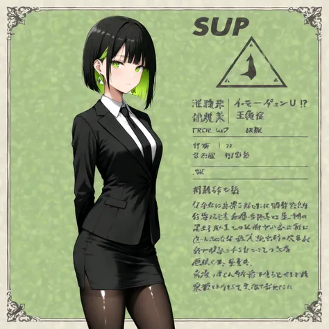 masterpiece, (((( best quality )))),1 girl,character profilele, Japanese Anime ,shiny skin, wearing a black suit,skirt suit, black tie , dark hair, short bob hair,The inner color of the hair is green, green eyes,isosceles triangle earrings, black stockings...