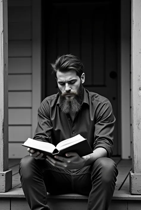  Image of a man sitting in front of the house reading, Bearded man,  the house must have a porch , In black and white ,  and at the bottom of the image write  " I'm looking for a large maybe .."