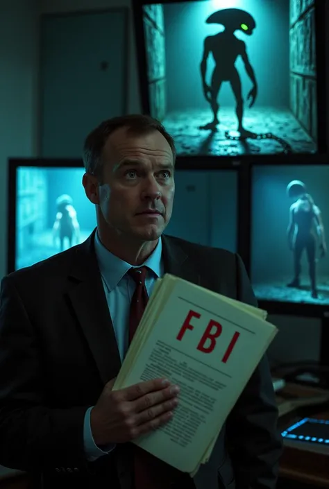 An FBI agent holding a classified file, his face filled with terror. Behind him, a monitor reveals images of a chained alien inside a secret facility. Its eyes glow with a supernatural hue, and the room is filled with unknown codes and symbols, as if hidin...