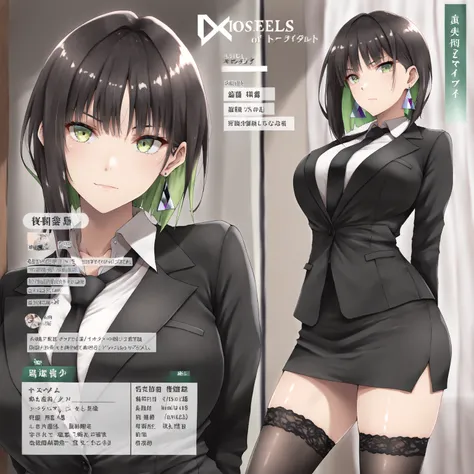 masterpiece, (((( best quality )))),1 girl,character profilele,shiny skin, wearing a black suit,skirt suit, black tie , dark hair, short bob hair,The inner color of the hair is green, green eyes,isosceles triangle earrings, black stockings,large breasts