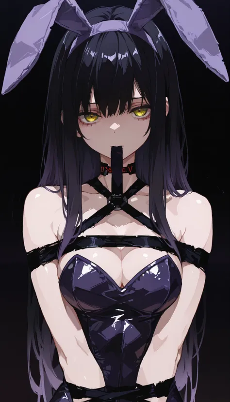 top quality , masterpiece, 748cm style , 1 girl, , viewers, , gradient hair, black hair, long hair, yellow eyes , dark purple bunny girl, bunny headband, bare shoulders, cleavage, shoulder, looking at viewer, dark background, perfect waist, standing, eyele...