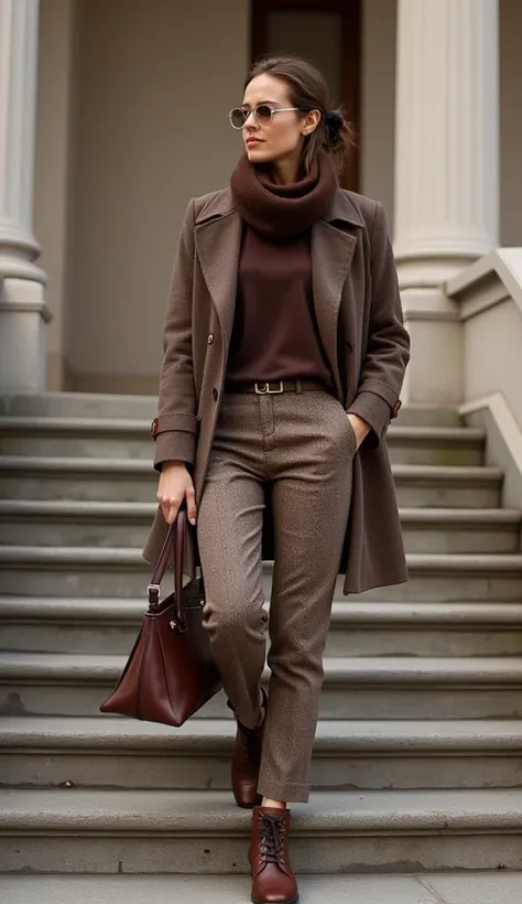 Les caractéristiques suivantes peuvent être observées dans cette image:: - L'image montre une femme portant un manteau et un pantalon en tweed brun au centre de l'image.

 - Au centre de l'image, une femme porte un manteau et un pantalon en tweed brun.
 - ...