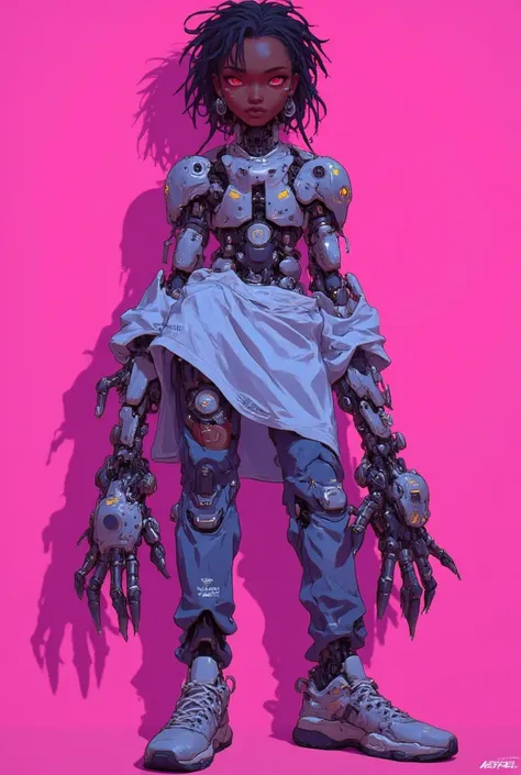 cyberpunk, cyborg, a young African Boy cyborg, Cute small round shaped face, wild short dread locs, glowing red eyes, light brown skin color, full body, tall body slim body figure. Ectormorph body type, long slender semi mechanical arms and fingers, long t...