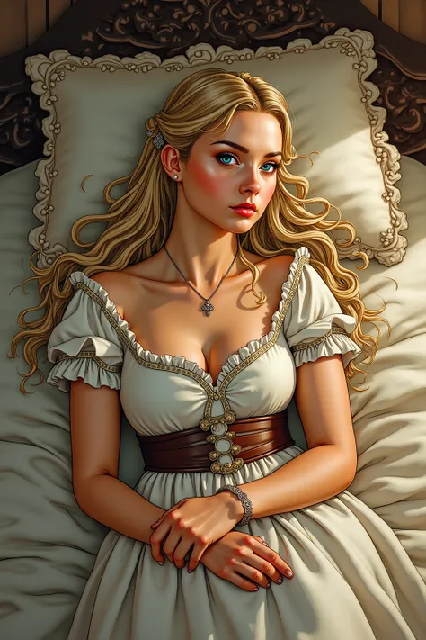 A realistic medieval fantasy portrait of a young handmaid of 20. She has fair hair and blue eyes. She is beautiful and sensual. 
Picture her in a palaceroom, lying on an ornamented large bed. 
The colors are natural and muted, with earthy tones and subtle ...