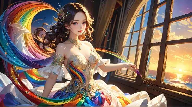 ((  top quality)),(  super high resolution),(  very detailed from outside the window),(   detailed explanation  ),((  best CG  )),(  Best Artwork  ), Ultra-precise art,  amazing painting art,(Exquisite art:1.5),  Lady,  wavy hair,  eyes that shine like jew...