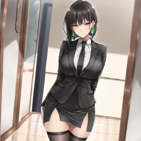 masterpiece, (((( best quality )))),1 girl, Japanese Anime ,,shiny skin, wearing a black suit,skirt suit, black tie , dark hair, short bob hair,The inner color of the hair is green, green eyes,isosceles triangle earrings, black stockings,large breasts