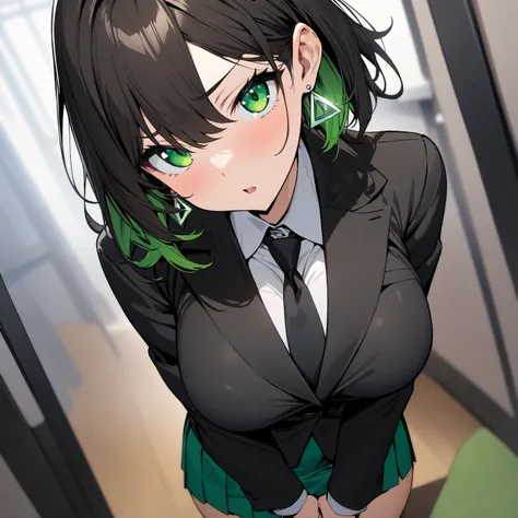 masterpiece, (((( best quality )))),1 girl, Japanese Anime ,,shiny skin, wearing a black suit,skirt suit, black tie , dark hair, short bob hair,The inner color of the hair is green, green eyes,isosceles triangle earrings, black stockings,large breasts