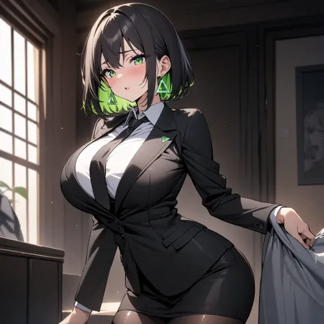 masterpiece, (((( best quality )))),1 girl, Japanese Anime ,,shiny skin, wearing a black suit,skirt suit, black tie , dark hair, short bob hair,The inner color of the hair is green, green eyes,isosceles triangle earrings, black stockings,large breasts