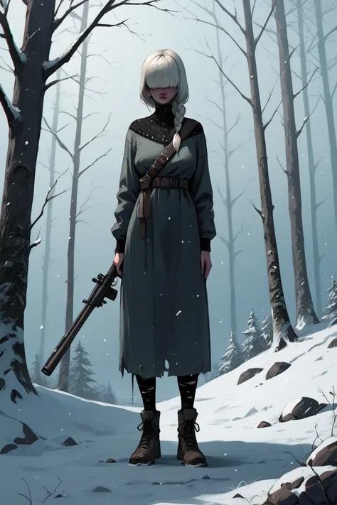 ((1 girl with saggy boobs, full body)), big bangs covering eyes, hair over eyes, braided hair, frozen forest scenery, snowfall, snowfield, dynamic combat pose, bones and skulls scattered around the scenery, mysterious, sexy, sniper rifle, (sagging boobs, n...