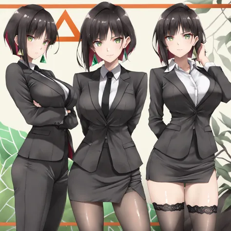 masterpiece, (((( best quality )))),1 girl, Japanese Anime ,character profilele,shiny skin, wearing a black suit,skirt suit, black tie , dark hair, short bob hair,The inner color of the hair is green, green eyes,isosceles triangle earrings, black stockings...