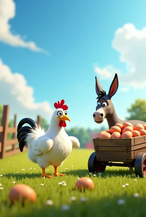 *(The stage shows a sunny farm. Clover (white feather hen) struts around, fluffing her feathers. Dusty ( donkey)stands by a cart full of eggs.)Pixar style scene*  