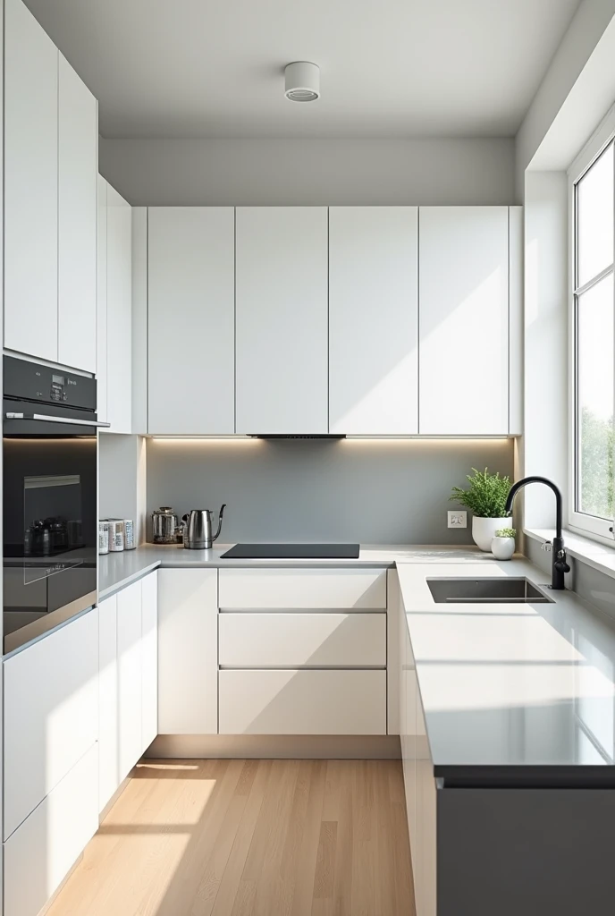 a newly renovated kitchen in white and gray with cabinets that do not reach the ceiling 