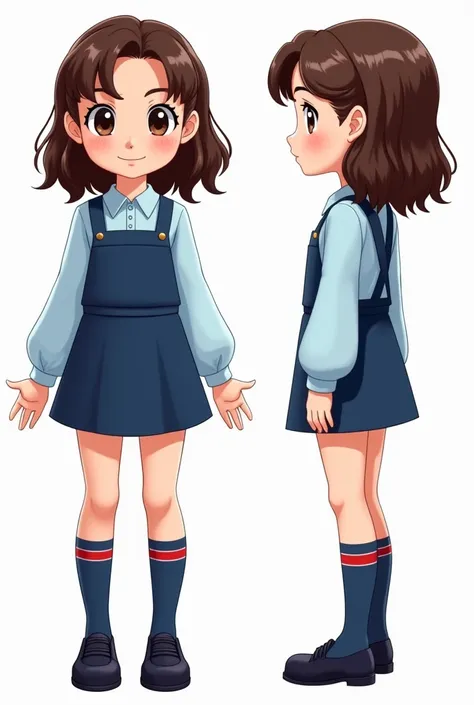 "A highly detailed 2D cartoon-style character sheet of a schoolgirl with a blue uniform. She has large expressive eyes, a confident smile, and shoulder-length wavy brown hair. The design includes a full-body front view, a back view, and a separate breakdow...