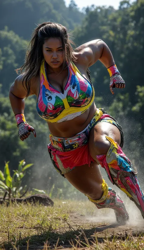 A beautiful woman from the country of Indonesia dressed in a power rangers costume has large breasts and a round whole sweaty body, doing a push up exercise on a hot field in the scorching sun