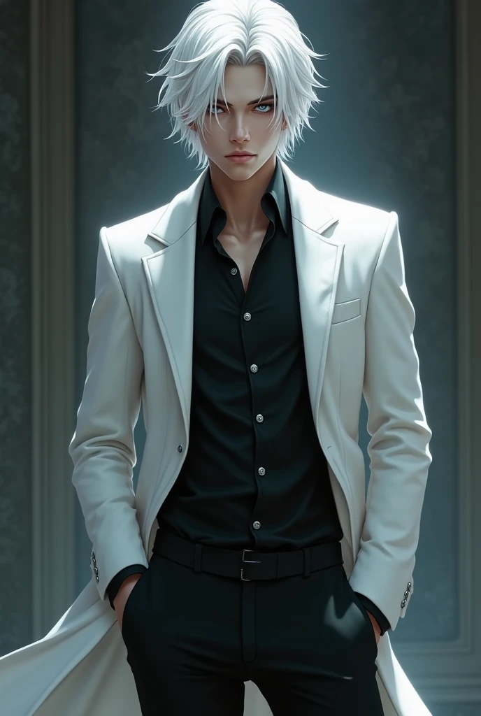 a young adult boy, male, beautiful,  white hair, Silver Eyes , white coat,  black long sleeve shirt,  black pants,  Soma Cruz de Castlevania .