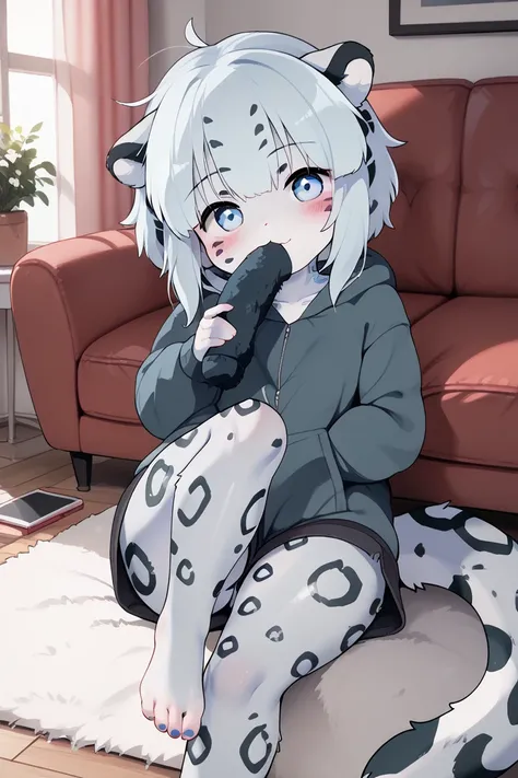 furry female with fur, snow leopard tail, female is posing, female is being cute, female has big thighs, female has small breasts, female is a furry with snow leopard ears, female is small and cute, female is a furry snow leopard, female is very young and ...