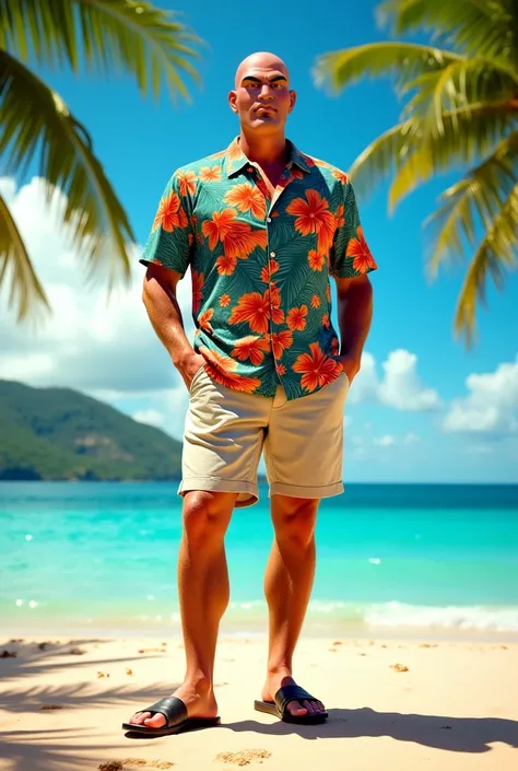 Lex Luthor at Puerto Rico wearing a Hawaiian shirt and sandals