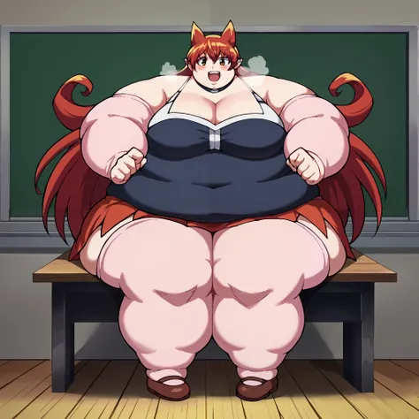 core_9, score_8_up, score_7_up, source_anime, Amelie, 1girl, solo, breasts, looking at viewer, blush, horns, teeth, choker, open mouth, happy, smile,, detached sleeves,skirt,thighhighs, cleavage,fat, chubby, obese, gigantic arms and legs, large breasts ope...