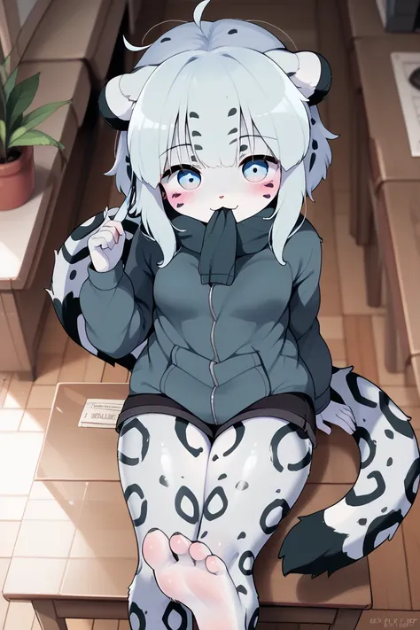 furry female with fur, snow leopard tail, female is posing, female is being cute, female has big thighs, female has small breasts, female is a furry with snow leopard ears, female is small and cute, female is a furry snow leopard, female is very young and ...