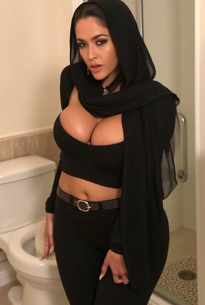 age muslimah Kylie Jenner skinny busty booty slim thick curvy flaunts curves in extremely skin tight full croptop. wearing The Forbidden Pants, head covered by hijab, black Long transperent scarf on head so tight. Long earrings. in bathroom.high angle self...