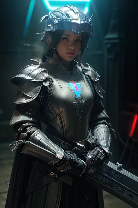 A beautiful young woman, knight, soldier, armor without helmet, neon details, RGB lights on, robe, HUD visor on, / light sword, energy sword, ciberpunk details, control panel wrist, holographic badge, / medieval castle with graffiti, magic circles, / brave...