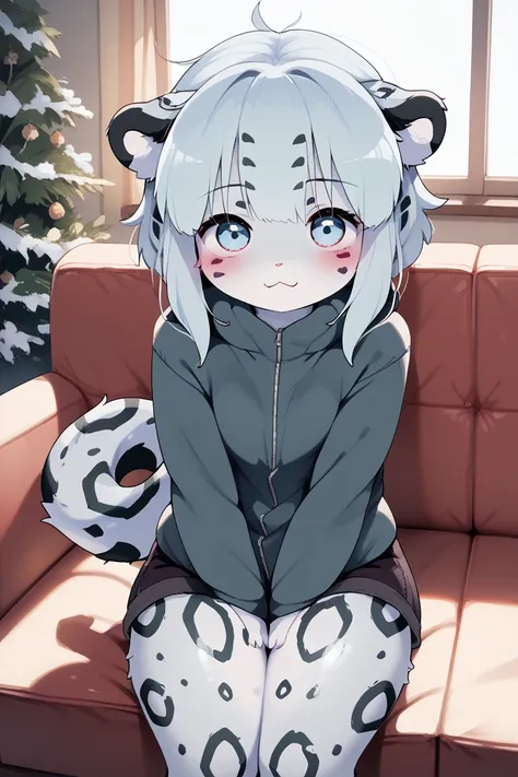 furry female with fur, snow leopard tail, female is being cute, female has big thighs, female has small breasts, female is a furry with snow leopard ears, female is small and cute, female is a furry snow leopard, female is very young and smaller, she is ve...