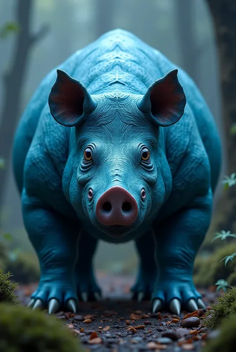 a beast that looked like an odd cross between a pig and a rhinoceros emerged, sky blue scales all over its chunky mass.