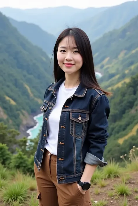 Beautiful Korean girl, smooth white skin, well-groomed face, long black hair. Dark brown jeans jacket, white t-Beautiful Korean girl, smooth white skin, well-groomed face, long black hair. Dark brown jeans jacket, white t-shirt, knee-length brown cargo pan...