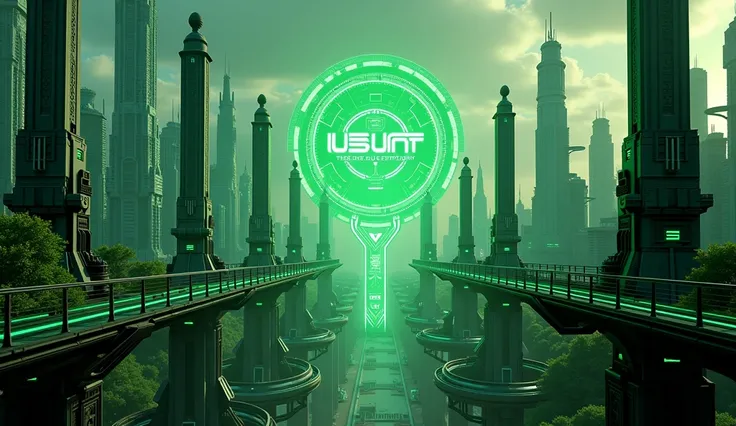 Cryptographic city with technology with the USUT logo with green colors combined with rocket technology