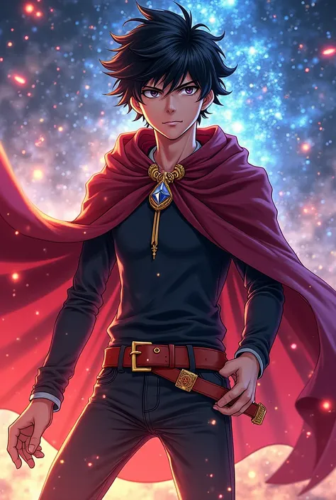 I would like you to create for me an anime character who looks like Eren but with Black Clover animation he is from the Black Clover universe he has the grimoire capable of using the magic of the 5th dimension interstellar style being a plevello fighting i...