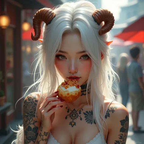 Beautiful white hair woman, horns, tattoos, eating takoyaki 