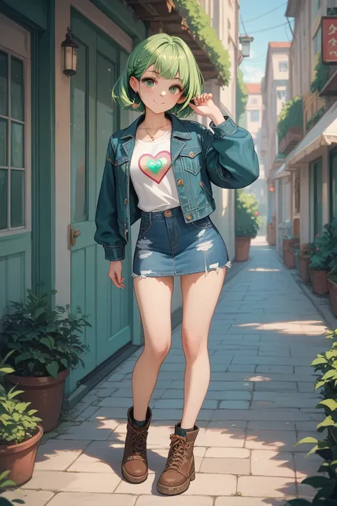 green hair, girl, green eyes, cute face, full body, standing, denim jacket, short denim skirt