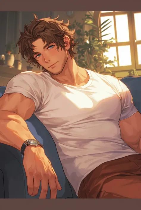 A slightly tan skinned man with handsome features. Has curly brown hair, striking blue eyes. He wears a confident smirk as he is resting on the couch casually. The background is cozy and familiar, a livingroom with dimly light. Soft light. He wears a white...