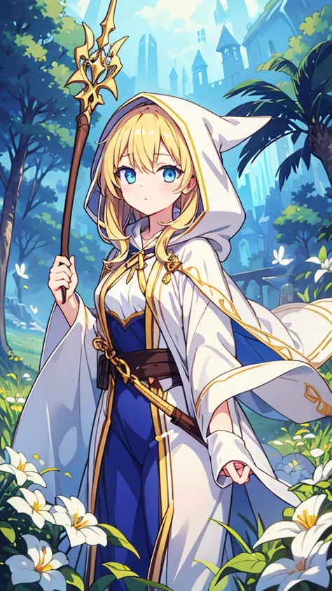 1 adult woman in a field, medium-length blonde hair, blue eyes, medium breasts, white mage robes and hood, fairy staff