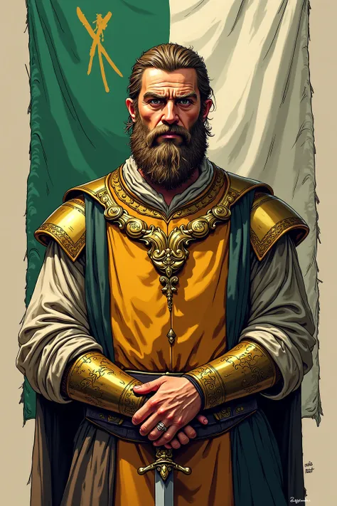 A realistic medieval fantasy portrait of a noble man of 40. He looks determined. He wears luxurious clothes. He wears a necklace made of golden hands that clasp each other. 
On the background a large banner diagonally split in green and white. On the banne...