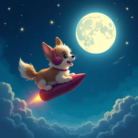 Dog flying to the moon listening to pop