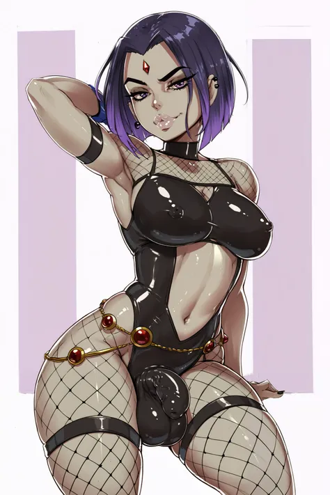 score_9_up, score_8_up, score_7_up,score_6_up, score_5_up, score_4_up,BREAK,zPDXL3,rating_safe,source_cartoon, raven from  titans,purple two tone hair, grey skin, multicolour fishnet_bodysuit, smug, pursed lips, futanari, well defined thighs ,thick veiny p...