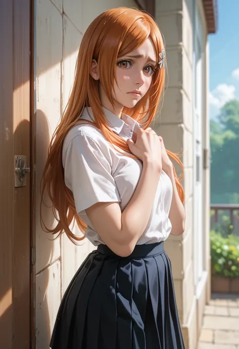 Bleach, inoue orihime, shy, nervous, standing, skirt, school shirt, legs together, hands together, head down, looking at viewer,  close-up side view high quality　 HD　nsfw gang rape 