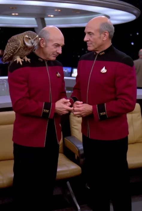 
Picard in Uniform, Greets man in Star Trek uniform, Owl sitting on shoulder, Starship Enterprise in the background