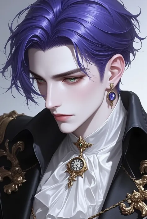  A young male idol with neat and elegant purple-blue hair.  The main colors are amber and white 、 In Gothic European sexy stage costume me 。,  European costumes ,  combining gothic and baroque styles , Be stylish ,  as a sexy fashion model .  Wearing a gol...