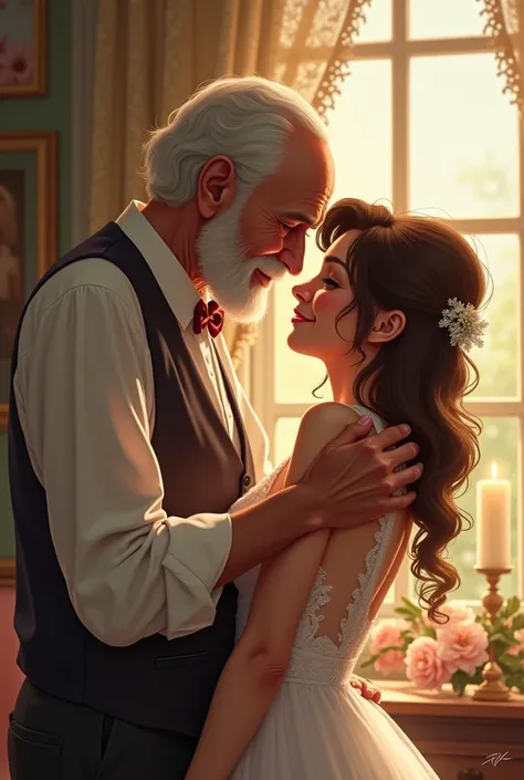 Old father drying daughter's hair on wedding day. In loving, Horny girl, couple in love, Old man grabbing woman's ass 
