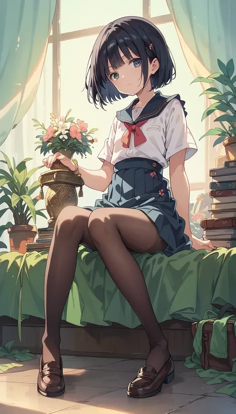  score_9,  score_8_ up the side,  score_7_ up the side, Masterpiece,(  top quality ),highlydetailed, Super Detail,1 Anime Girl ,  full body, Alone,  ,   black hair,  bob cut, Small stature,  flat chest,  good,  panties,   loafers ,  pantyhose,   simple bac...