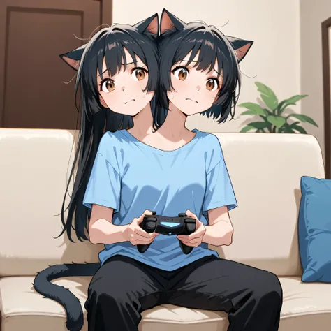 anime catgirl with two heads, cat ears, black hair, left head has long hair and right head has short hair, brown eyes, cat tail, worried, nervous, blue shirt, black pants, sitting on a couch, playing a difficult video game, holding a gaming controller in b...