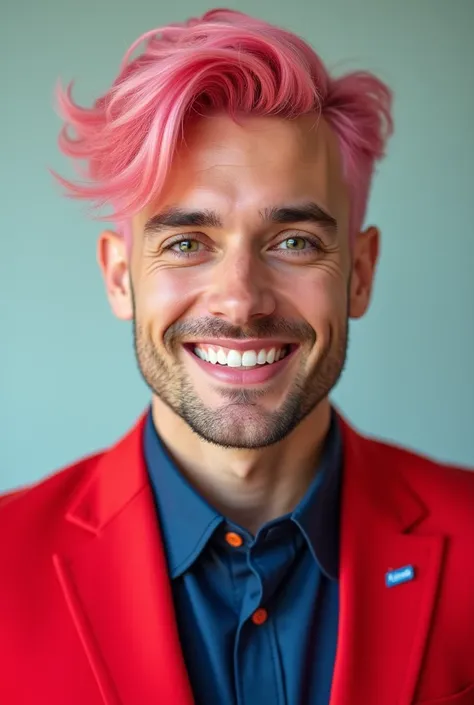 a 30-year-old man, Pink hair styled to the side,  slightly messy .  green eyes and a smile .  Wearing a red suit with blue and black details