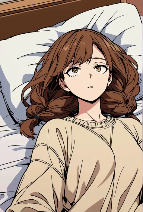  My Hero Academia screenshot of an anime girl with brown hair with two braids and golden eyes, She has a beige sweater lying on the bed 